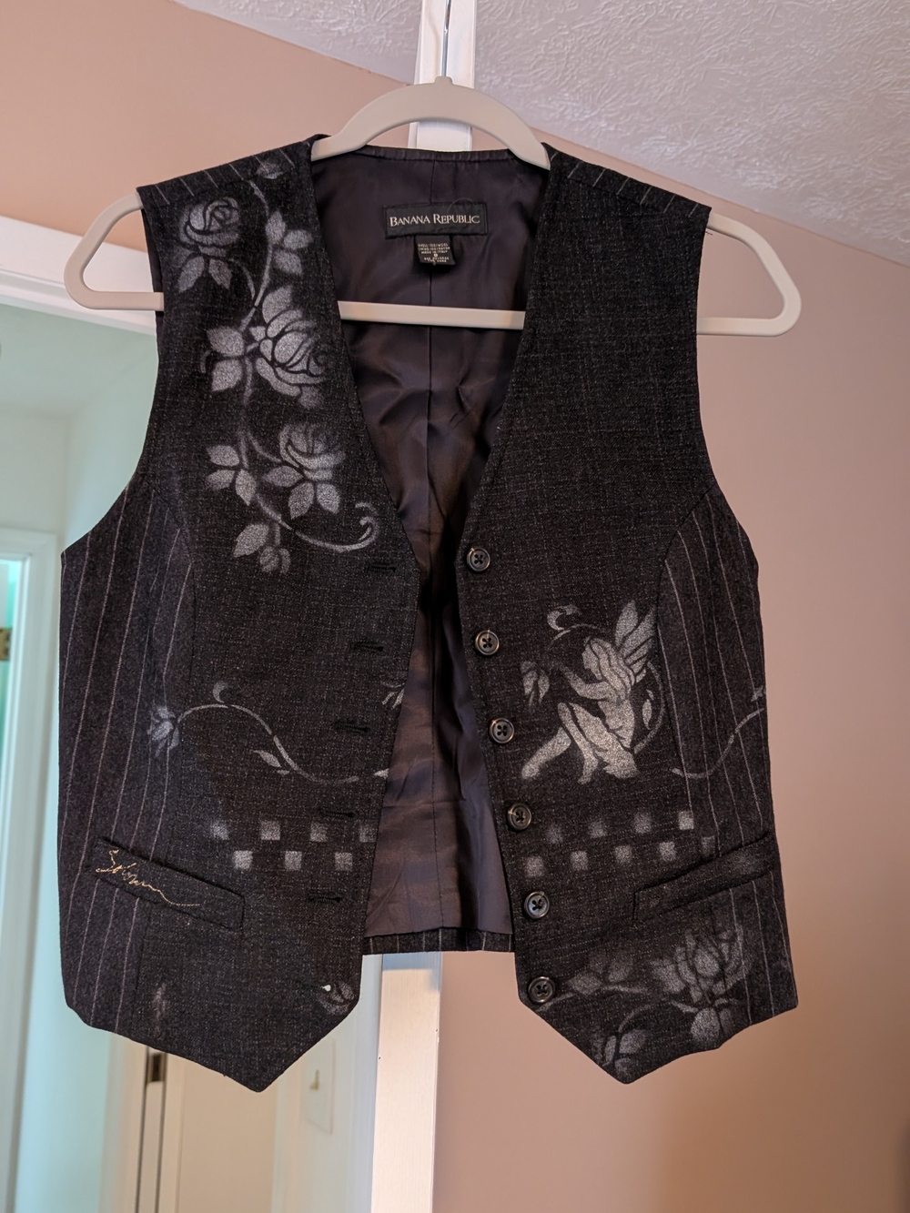 Banana Republic Black Floral Pinstripe Wool Vest